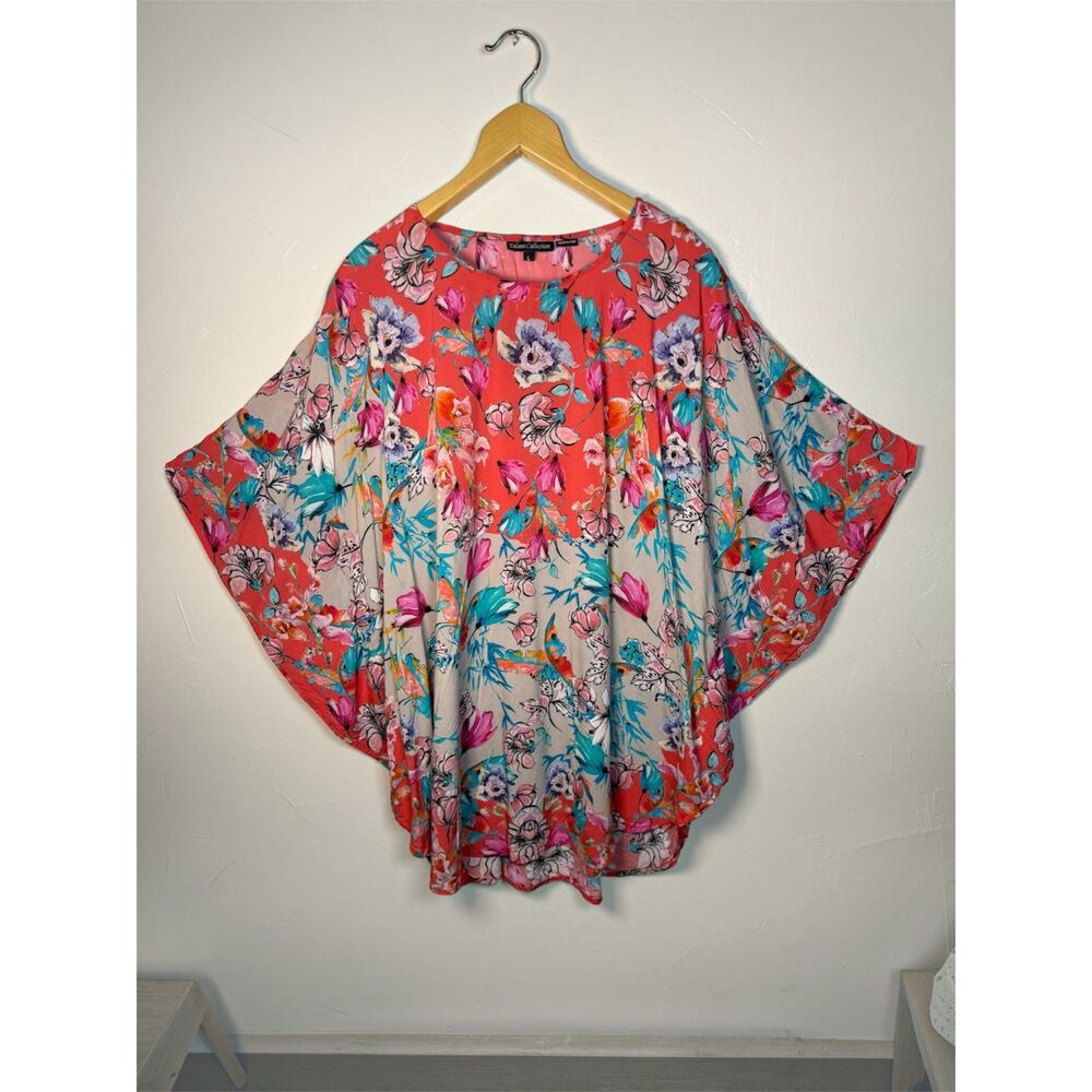 Tolani Collection Poncho Tunic Top Pink Blue Florals Size Large Modal Boxy Boho